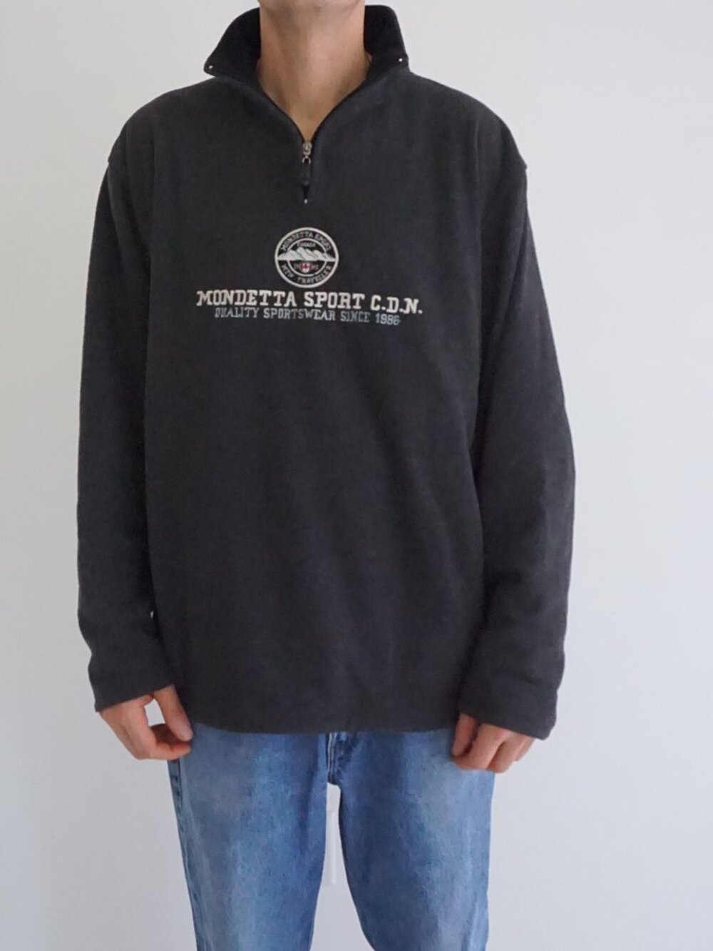 Vintage Mondetta Sport Charcoal Mountain Crest Spellout Quarter Zip Sweatshirt L